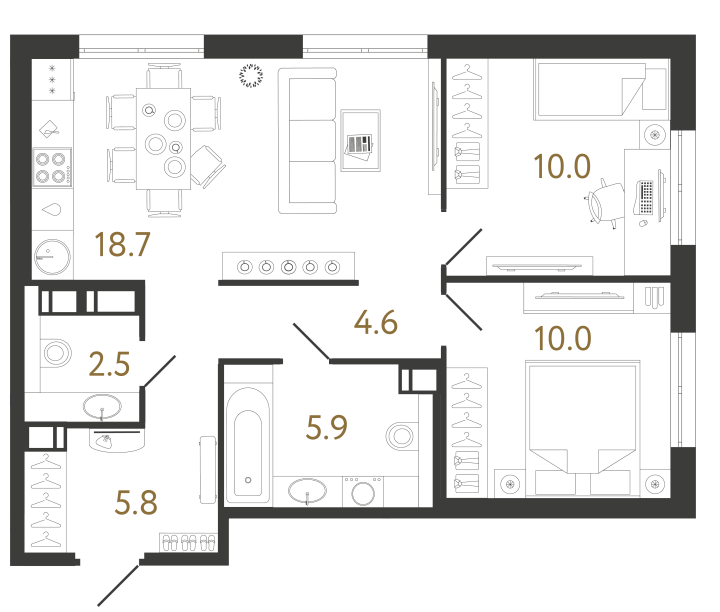 2-комнатная 57.5 м², 7 этаж, 15 629 742 руб.