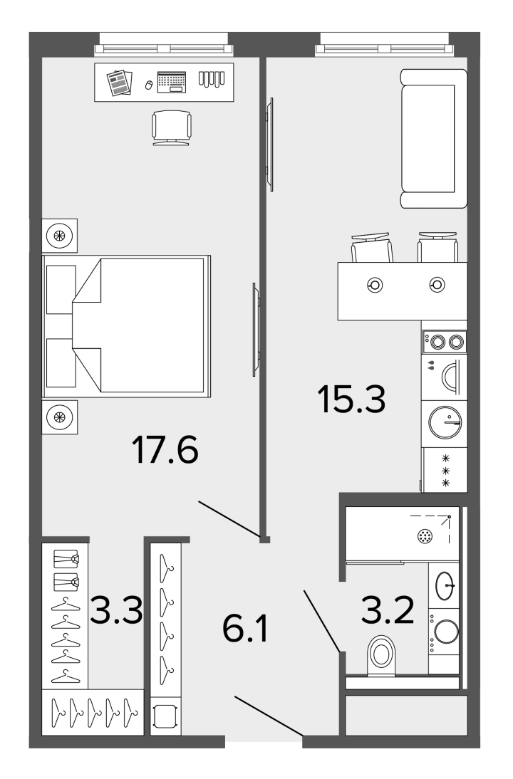 1-комнатная 45.2 м², 6 этаж, 13 500 000 руб.