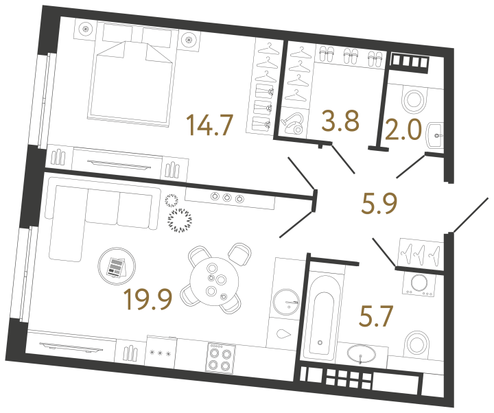 1-комнатная 52 м², 5 этаж, 29 514 000 руб.