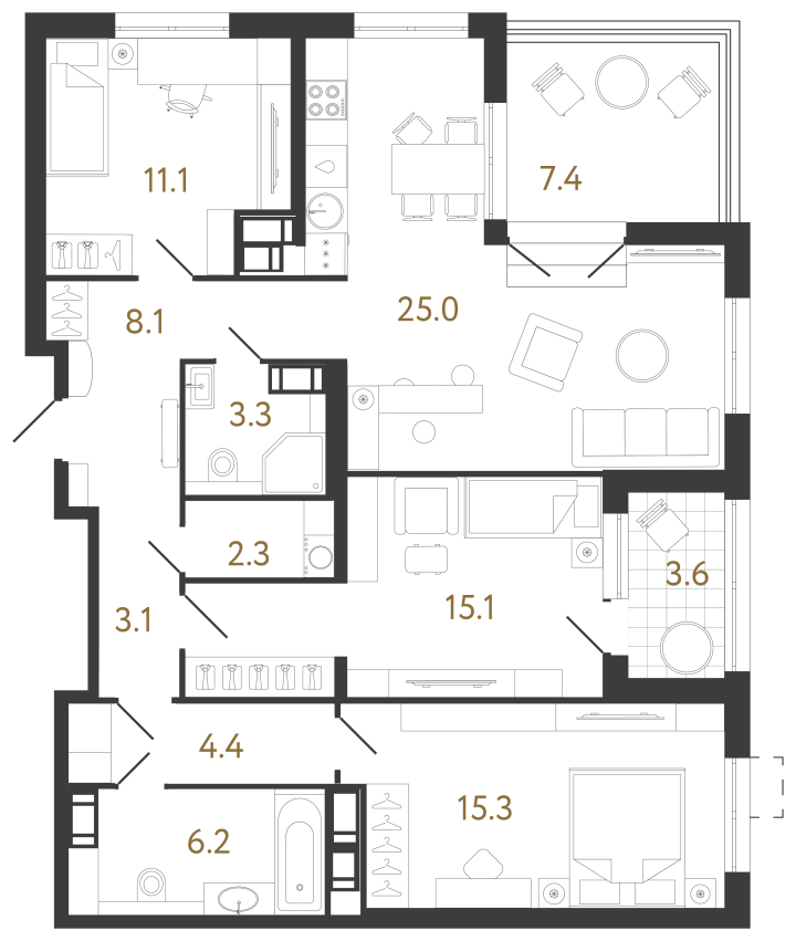 3-комнатная 93.9 м², 22 этаж, 29 052 510 руб.