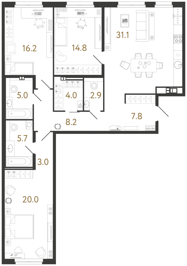 3-комнатная 118.7 м², 3 этаж, 55 408 999 руб.
