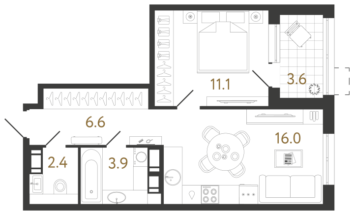 1-комнатная 40 м², 5 этаж, 13 012 236 руб.
