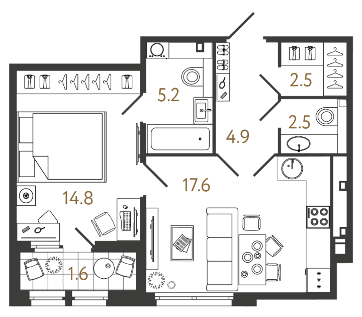 1-комнатная 47.5 м², 2 этаж, 18 999 999 руб.