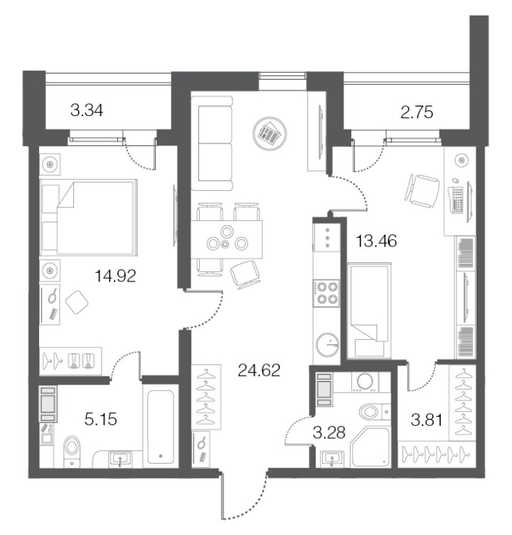 2-комнатная 65.2 м², 3 этаж, 39 950 000 руб.