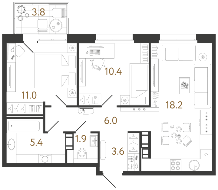 2-комнатная 56.5 м², 10 этаж, 19 496 297 руб.