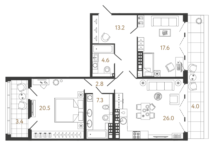 2-комнатная 92 м², 8 этаж, 58 395 962 руб.
