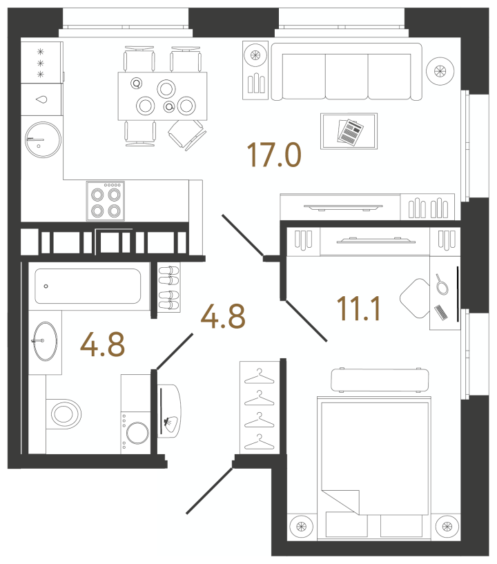 1-комнатная 37.7 м², 14 этаж, 14 410 410 руб.