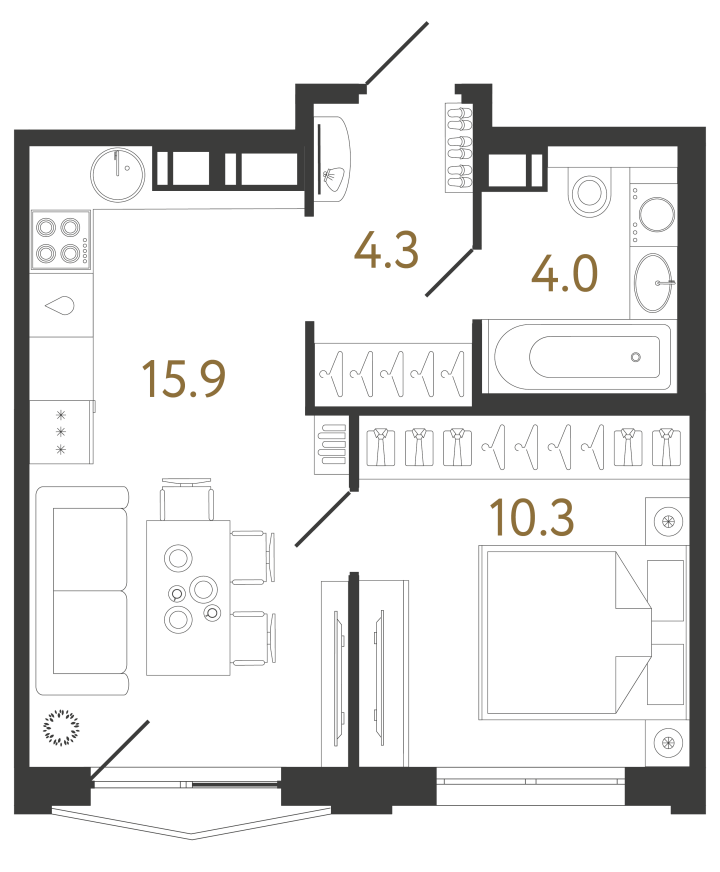 1-комнатная 34.5 м², 9 этаж, 10 010 924 руб.