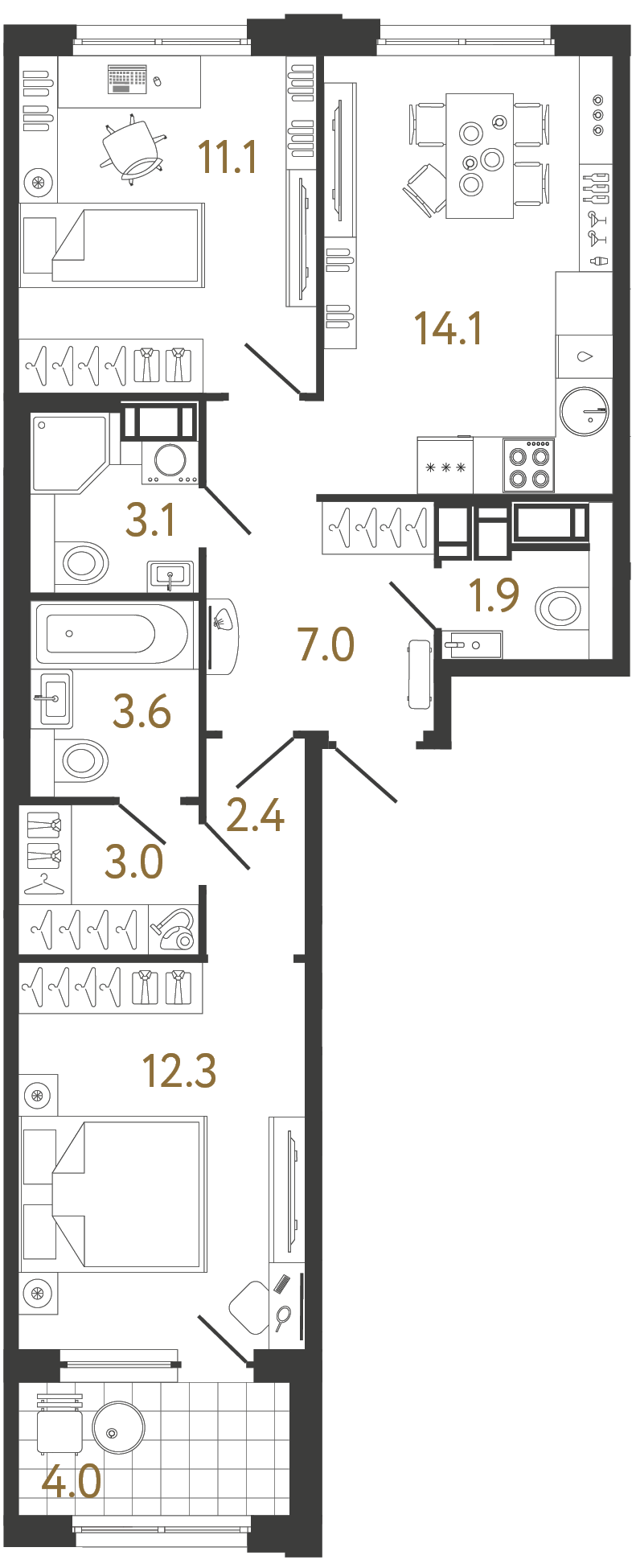 Двухкомнатная квартира 58.5 м²