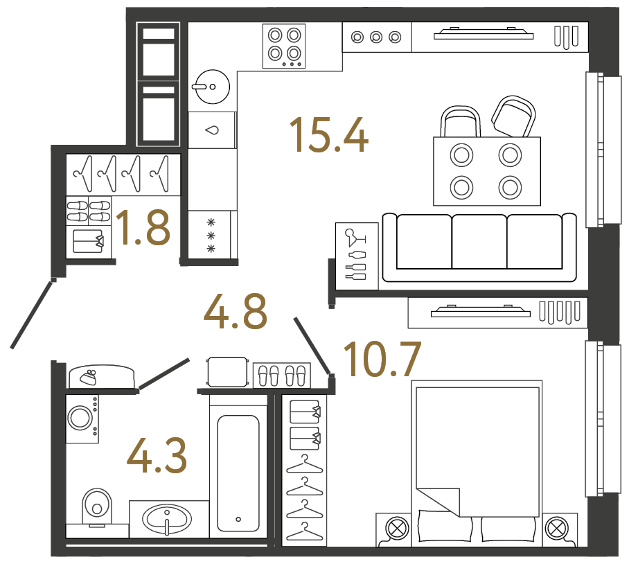 Однокомнатная квартира 37 м²