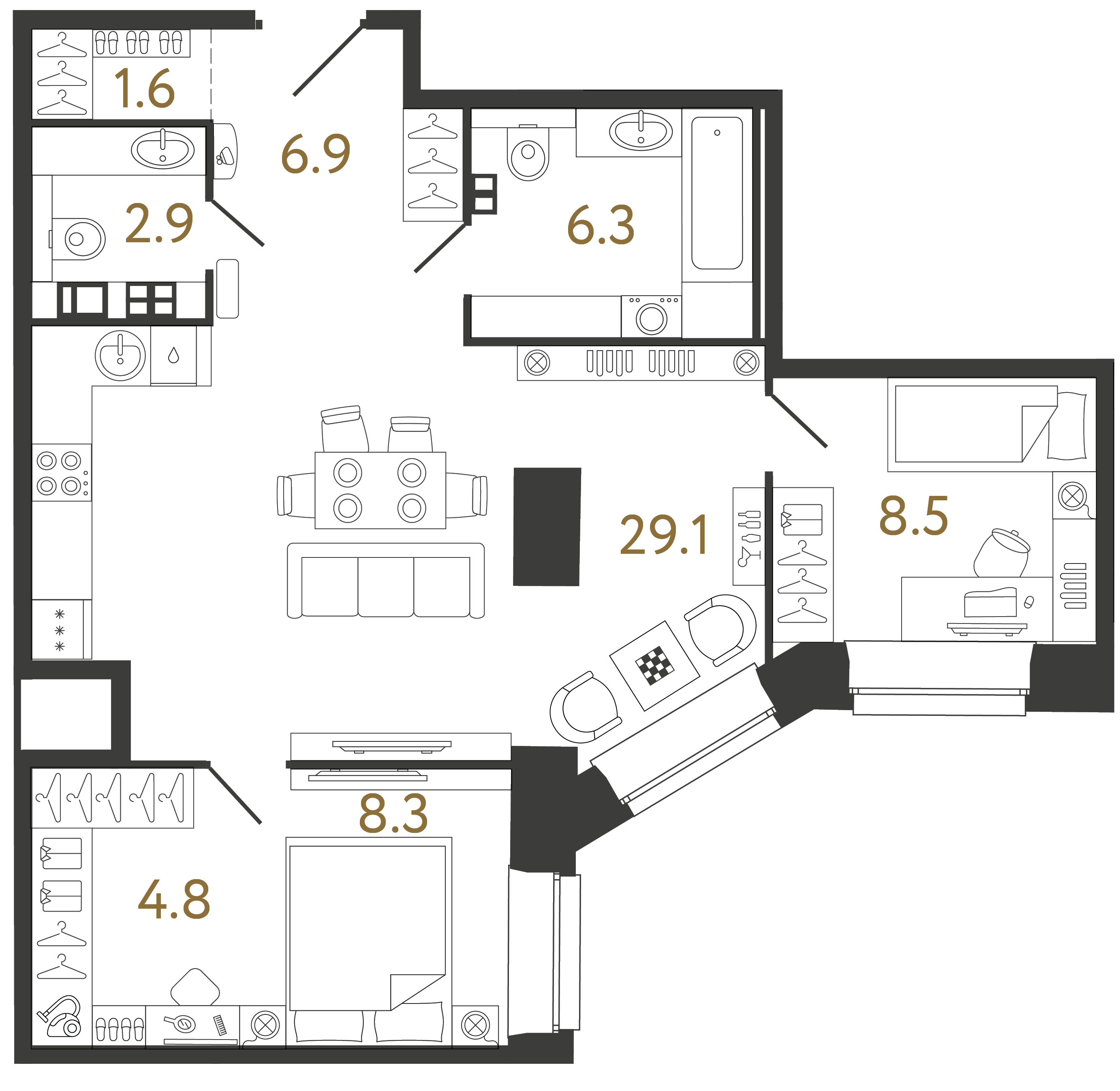 Двухкомнатные апартаменты 68.4 м²
