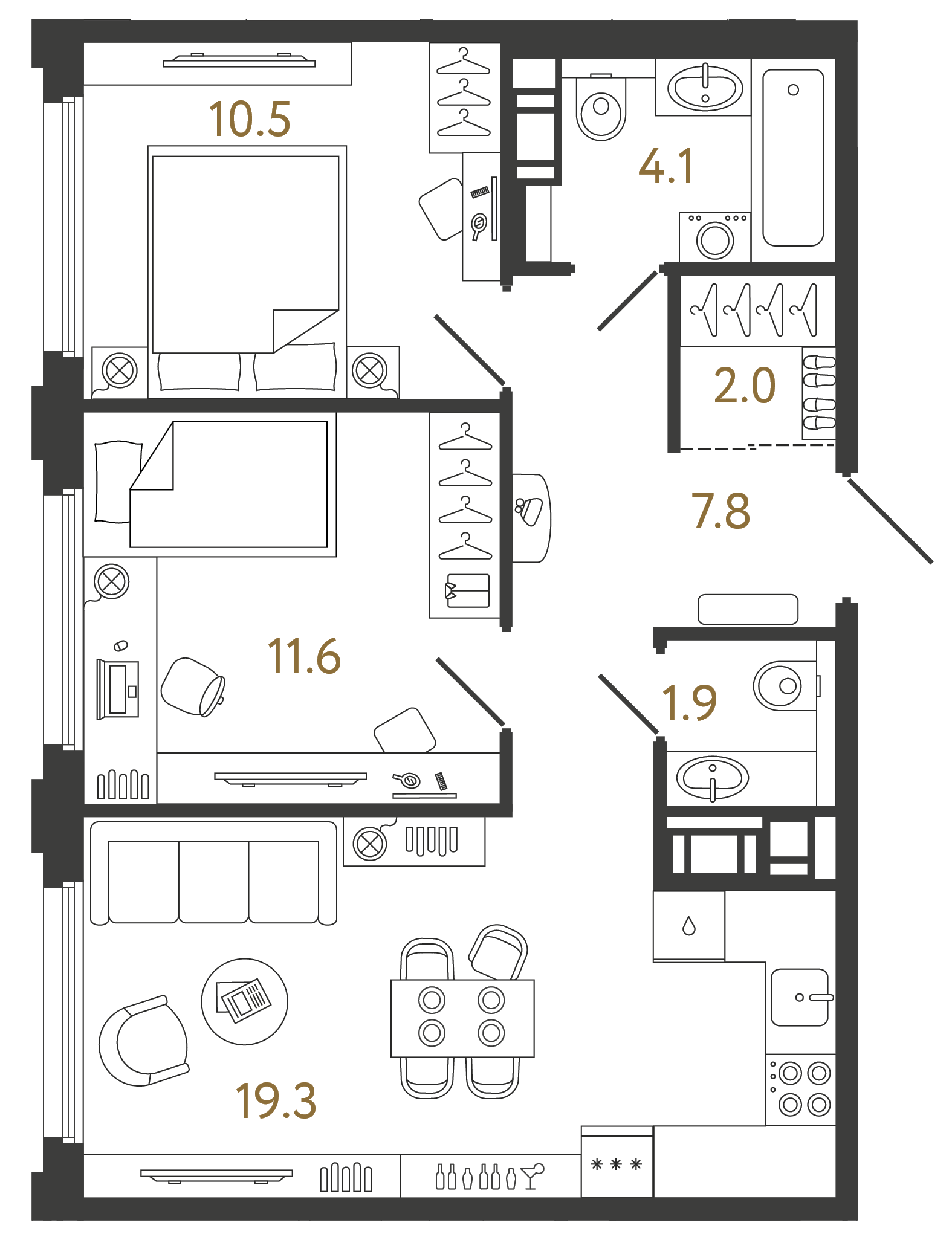 Двухкомнатная квартира 57.2 м²