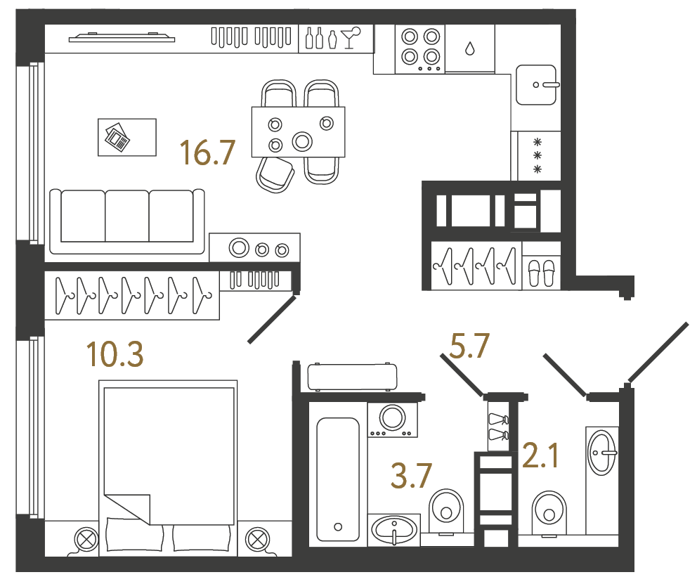 Однокомнатная квартира 38.5 м²