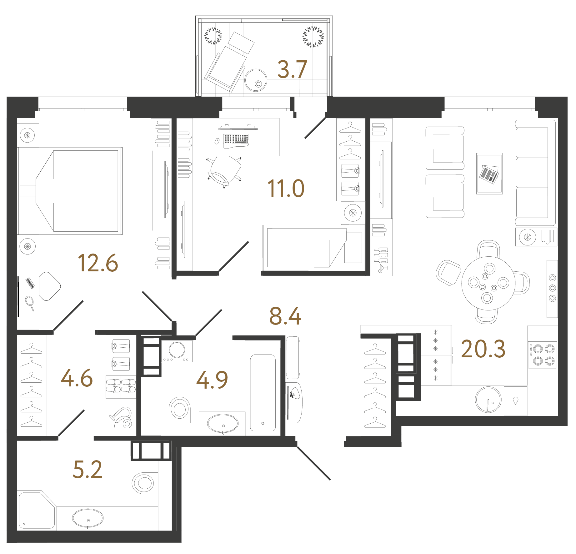 Двухкомнатная квартира 67 м²