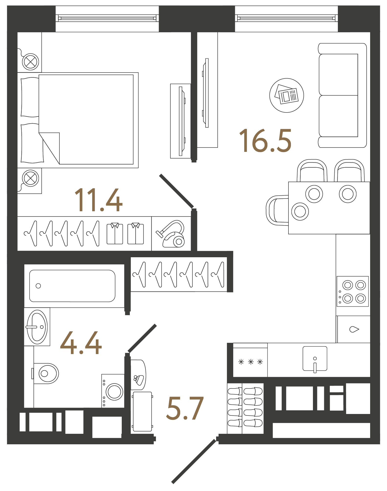Однокомнатная квартира 38 м²