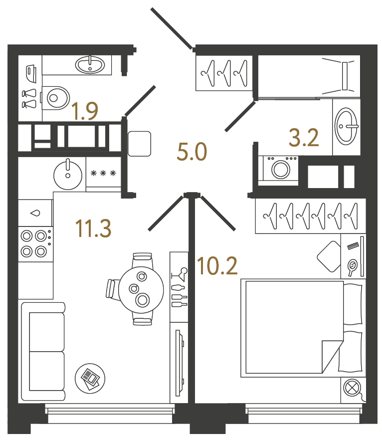Однокомнатная квартира 31.6 м²