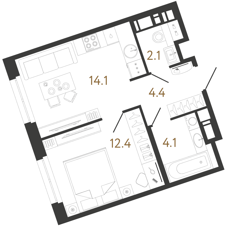 Однокомнатная квартира 37.1 м²