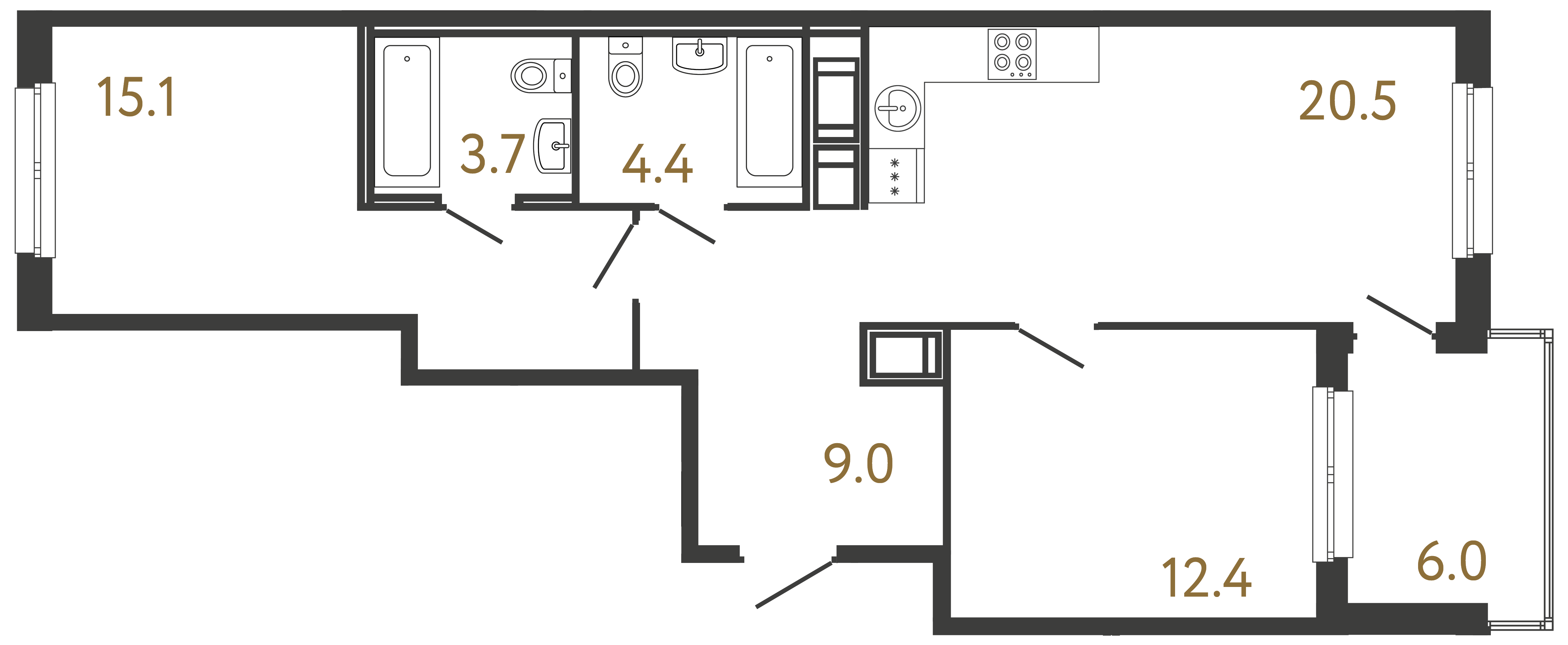 Двухкомнатная квартира 65.1 м²