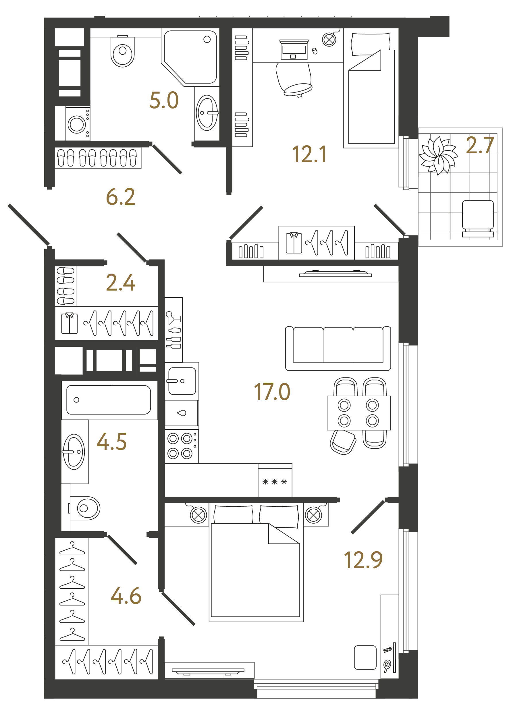 Двухкомнатная квартира 64.7 м²