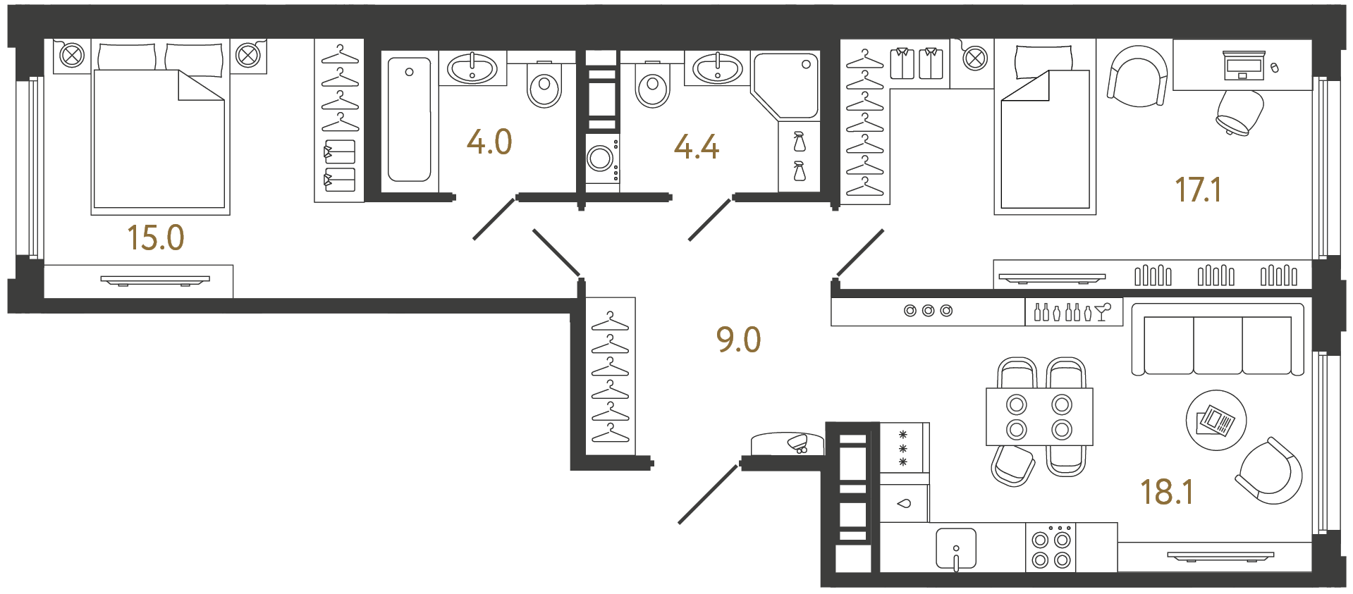 Двухкомнатная квартира 67.6 м²
