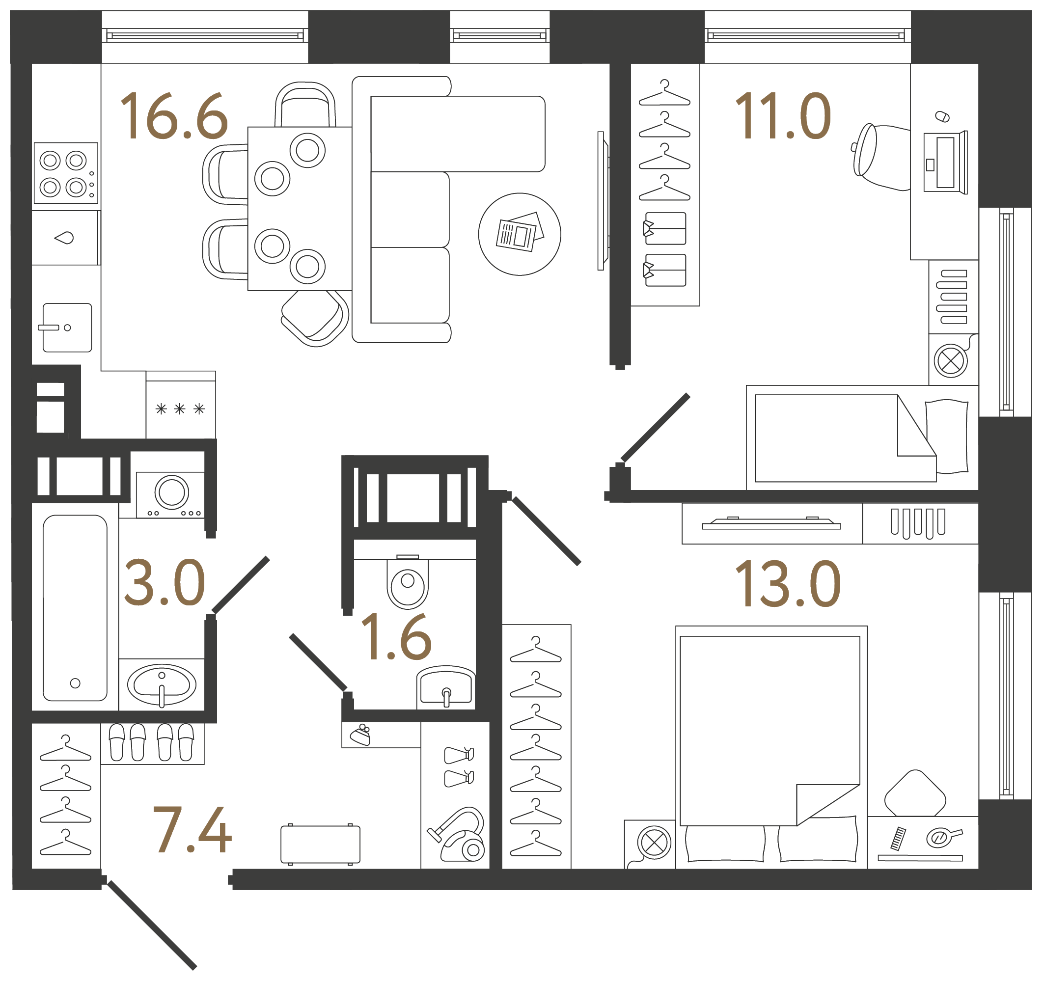 Двухкомнатная квартира 52.6 м²