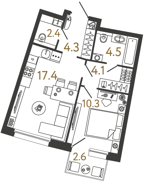 Однокомнатная квартира 43 м²