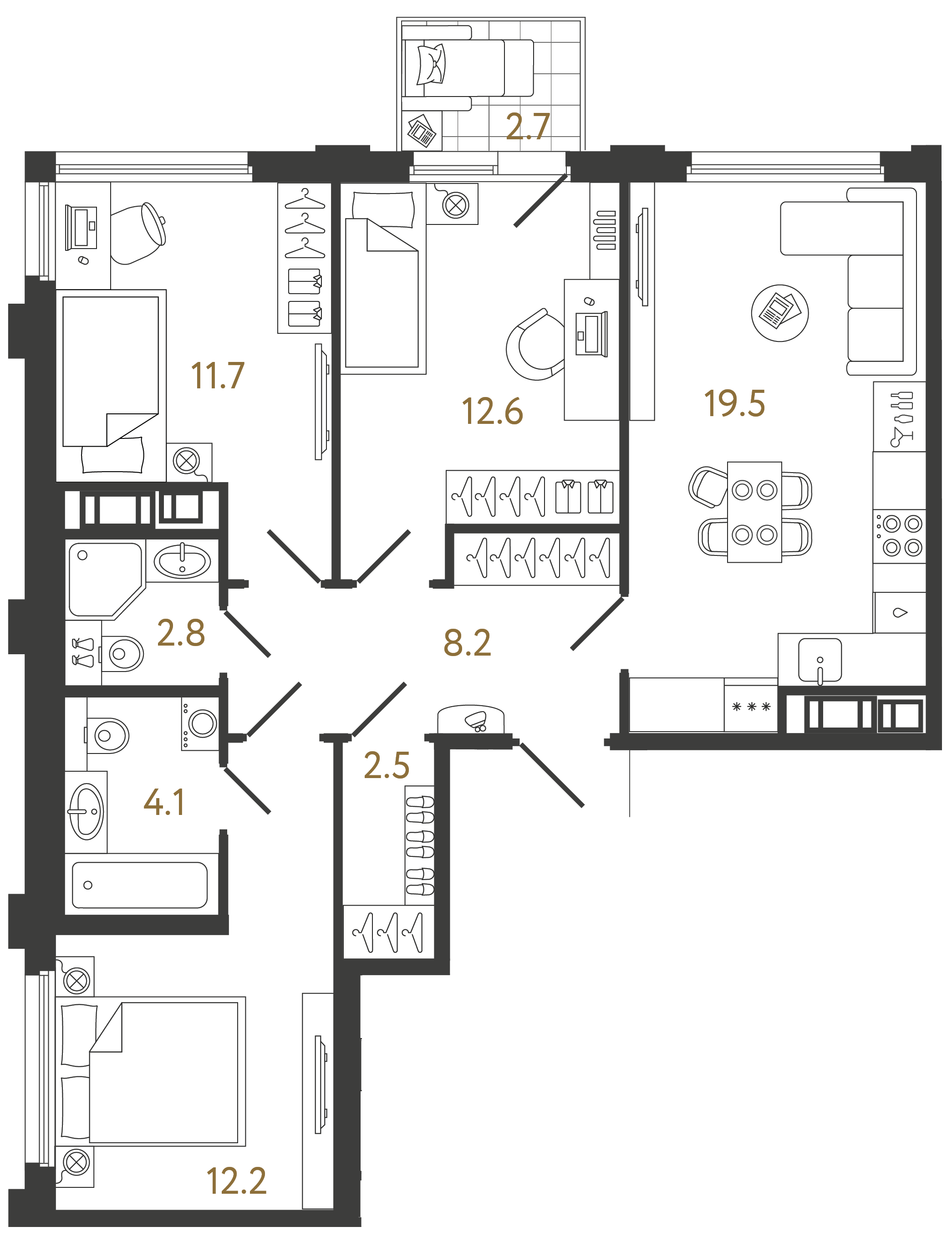 Трёхкомнатная квартира 73.6 м²