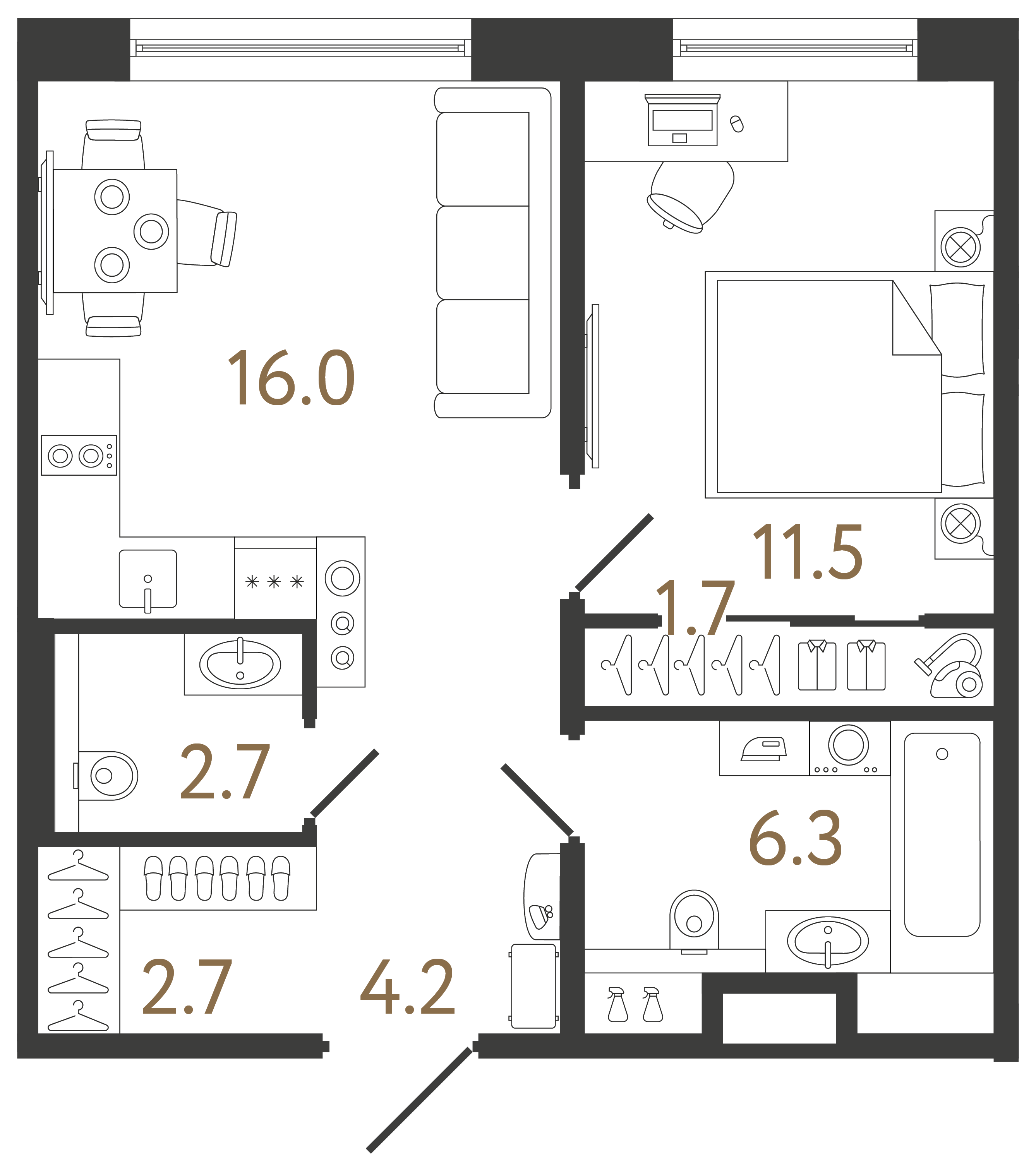Однокомнатная квартира 45.1 м²