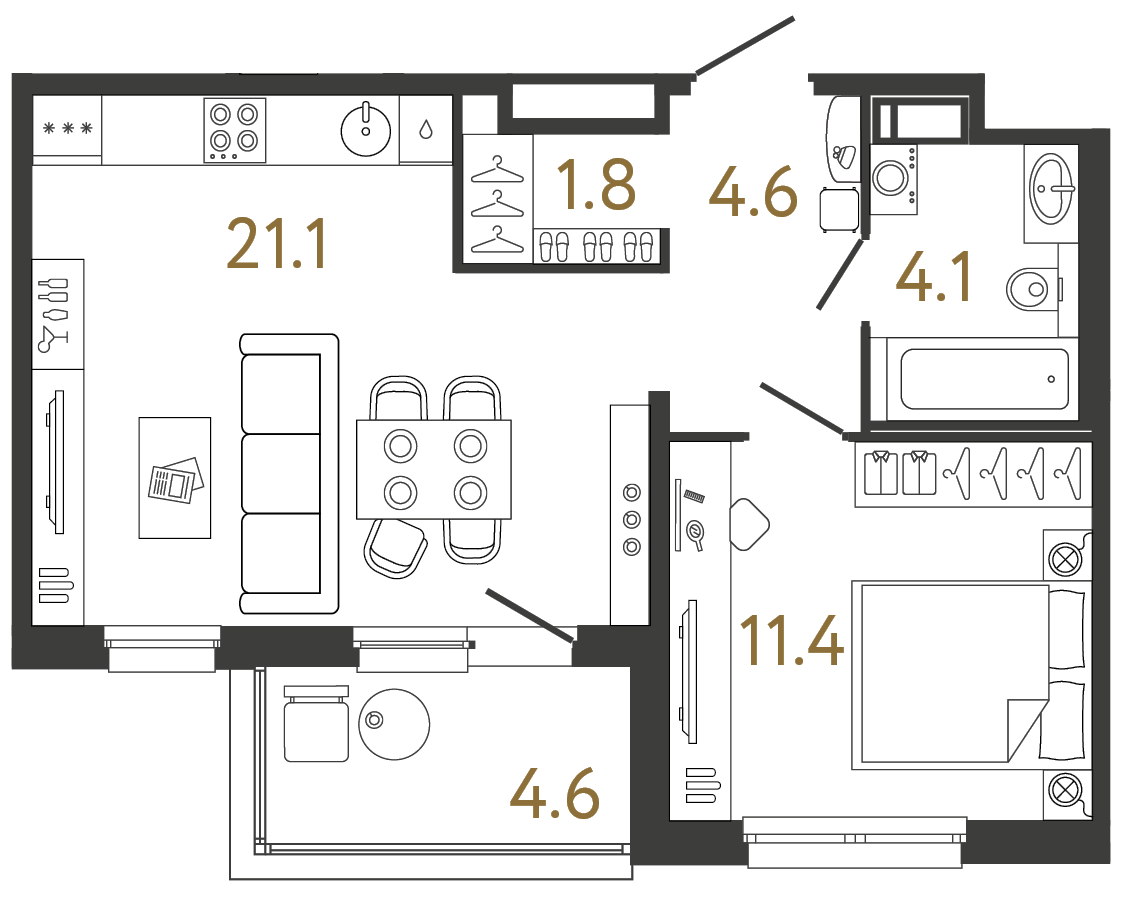 Однокомнатная квартира 43 м²
