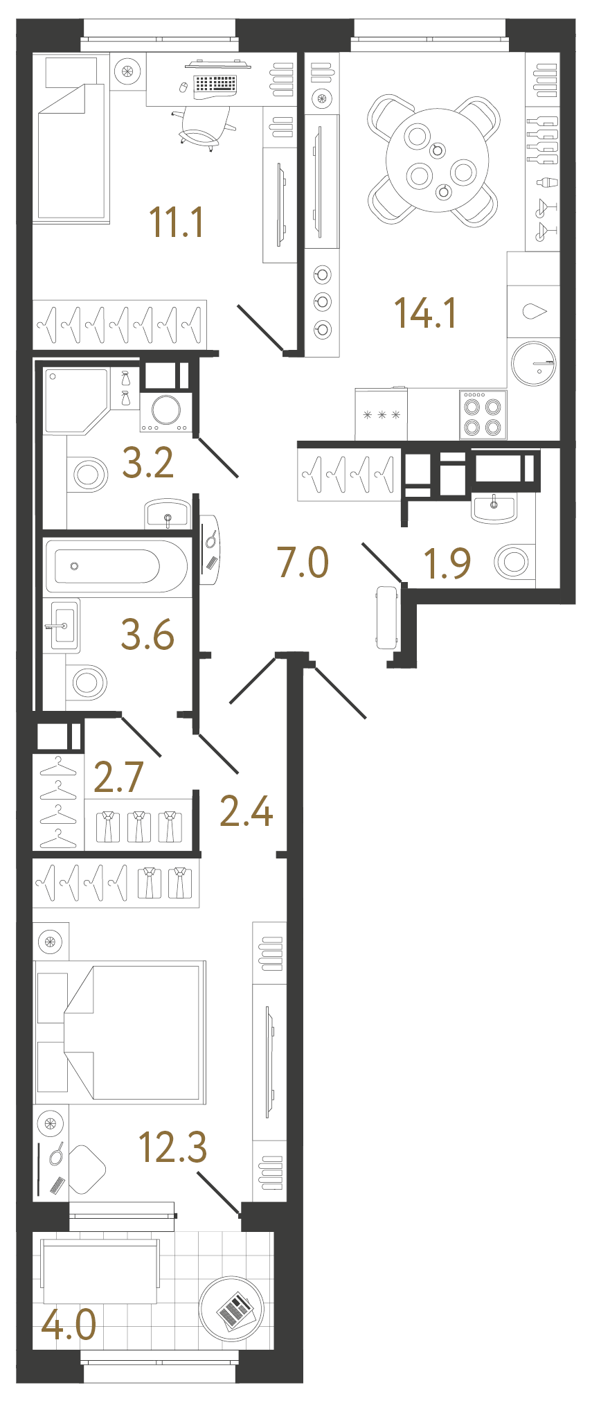 Двухкомнатная квартира 58.3 м²