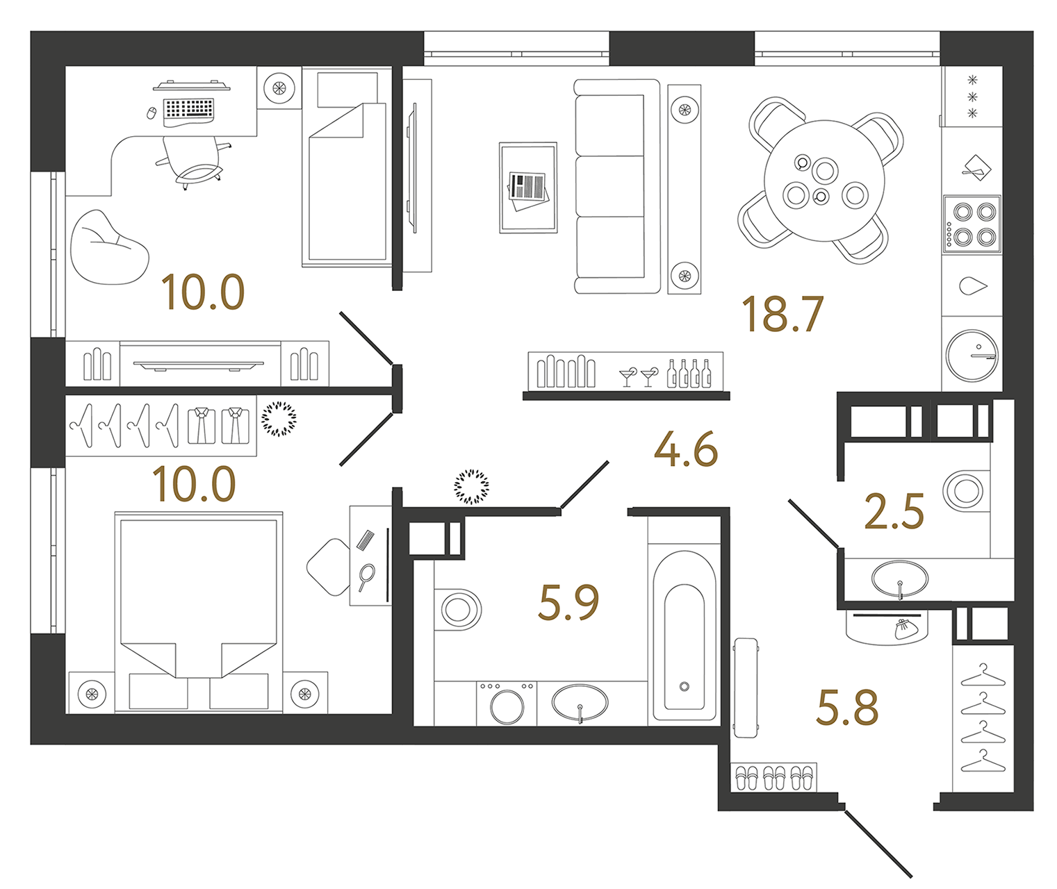 Двухкомнатная квартира 57.5 м²