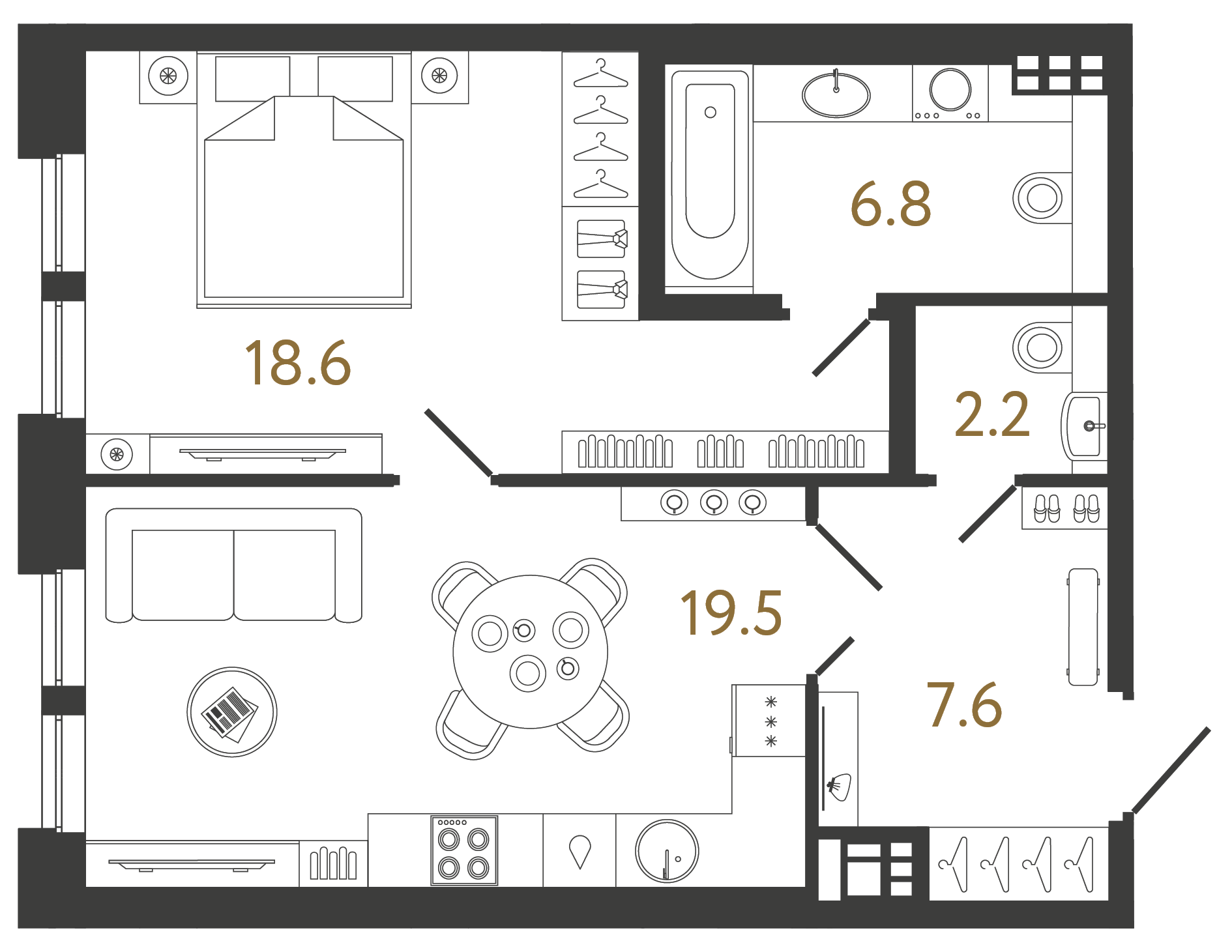Однокомнатная квартира 54.6 м²