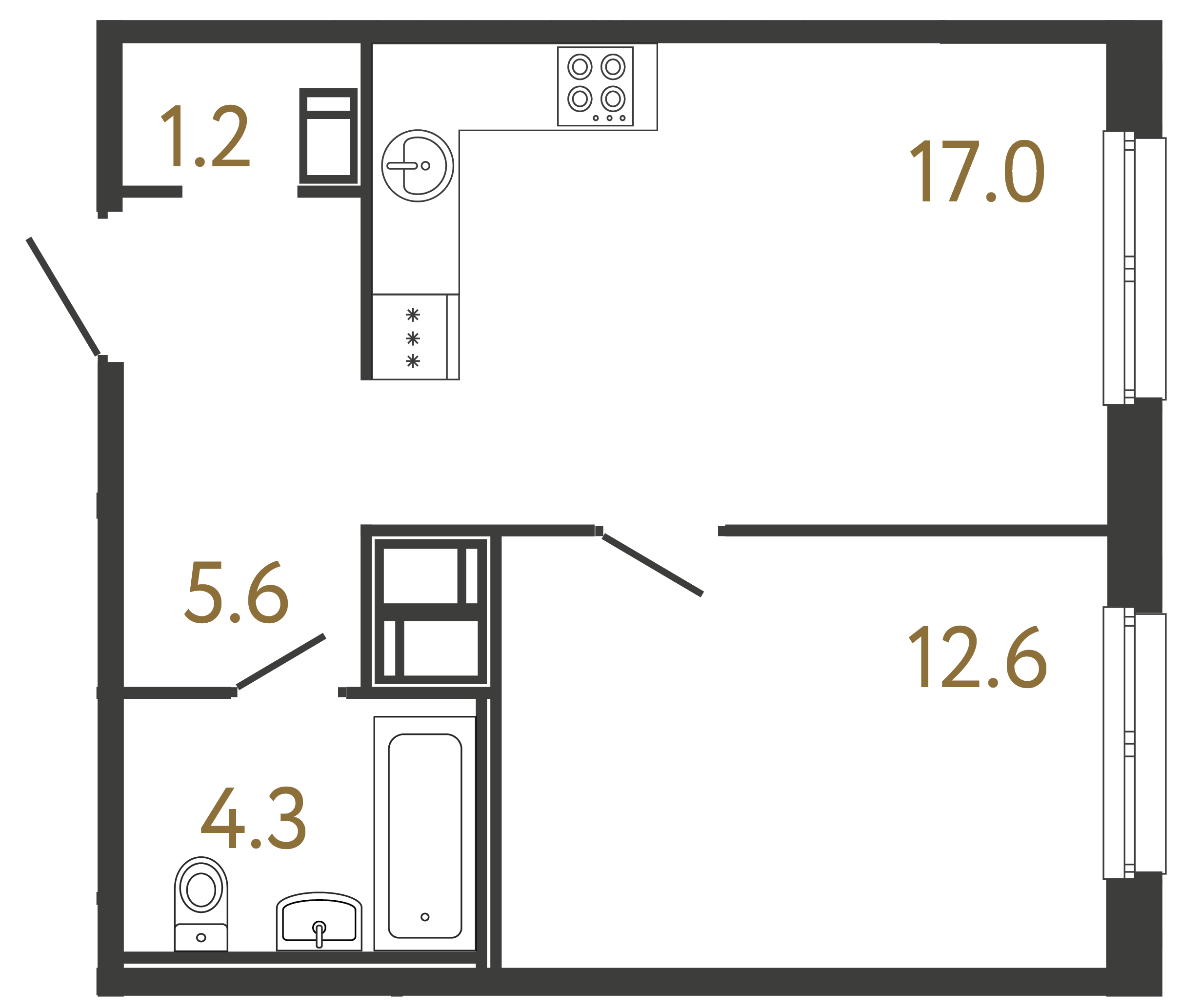 Однокомнатная квартира 40.7 м²