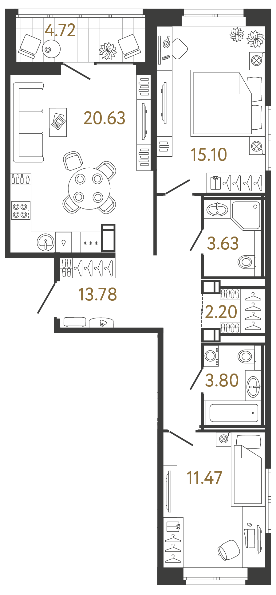 Двухкомнатная квартира 70.61 м²