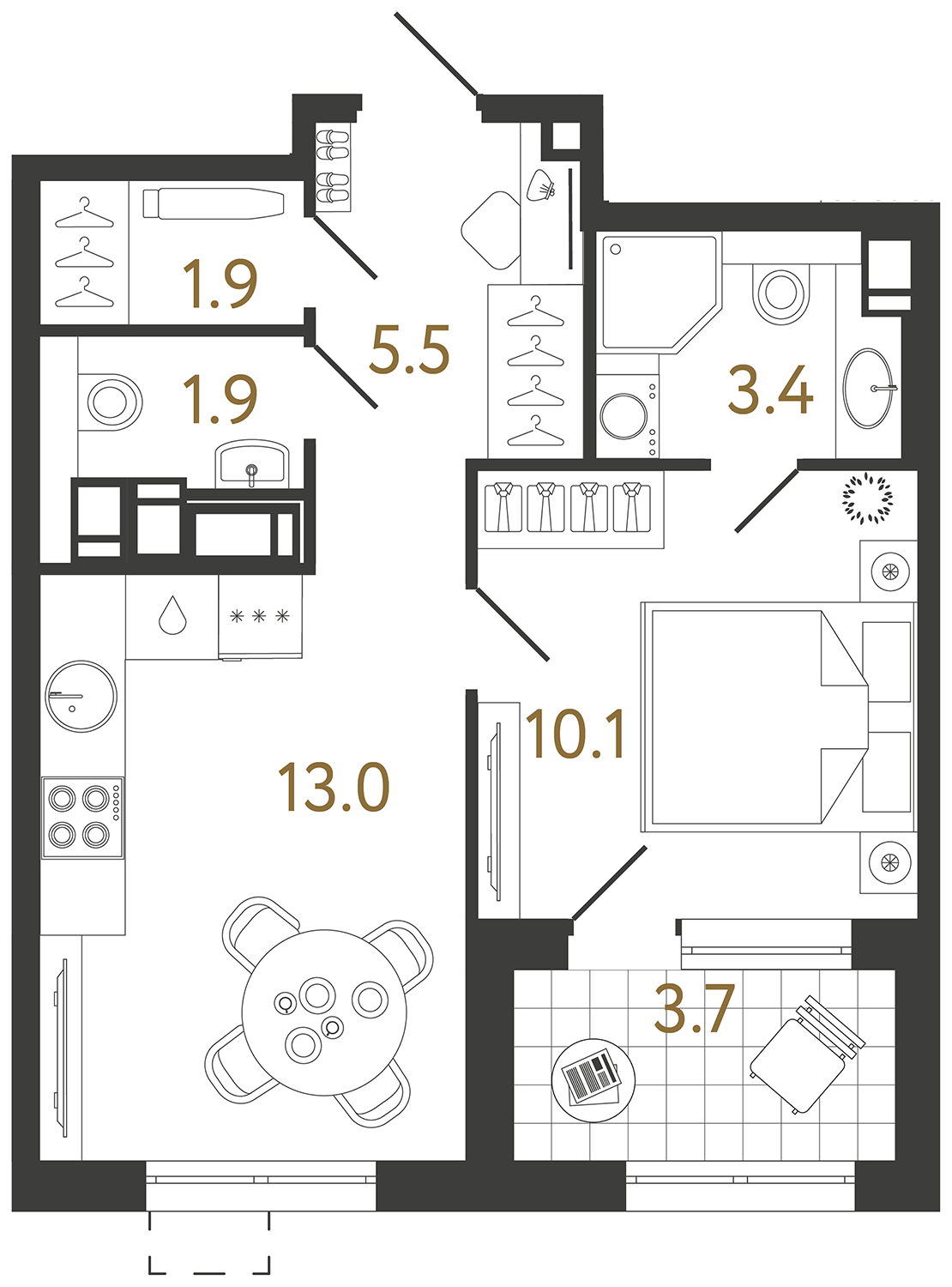 Однокомнатная квартира 35.8 м²