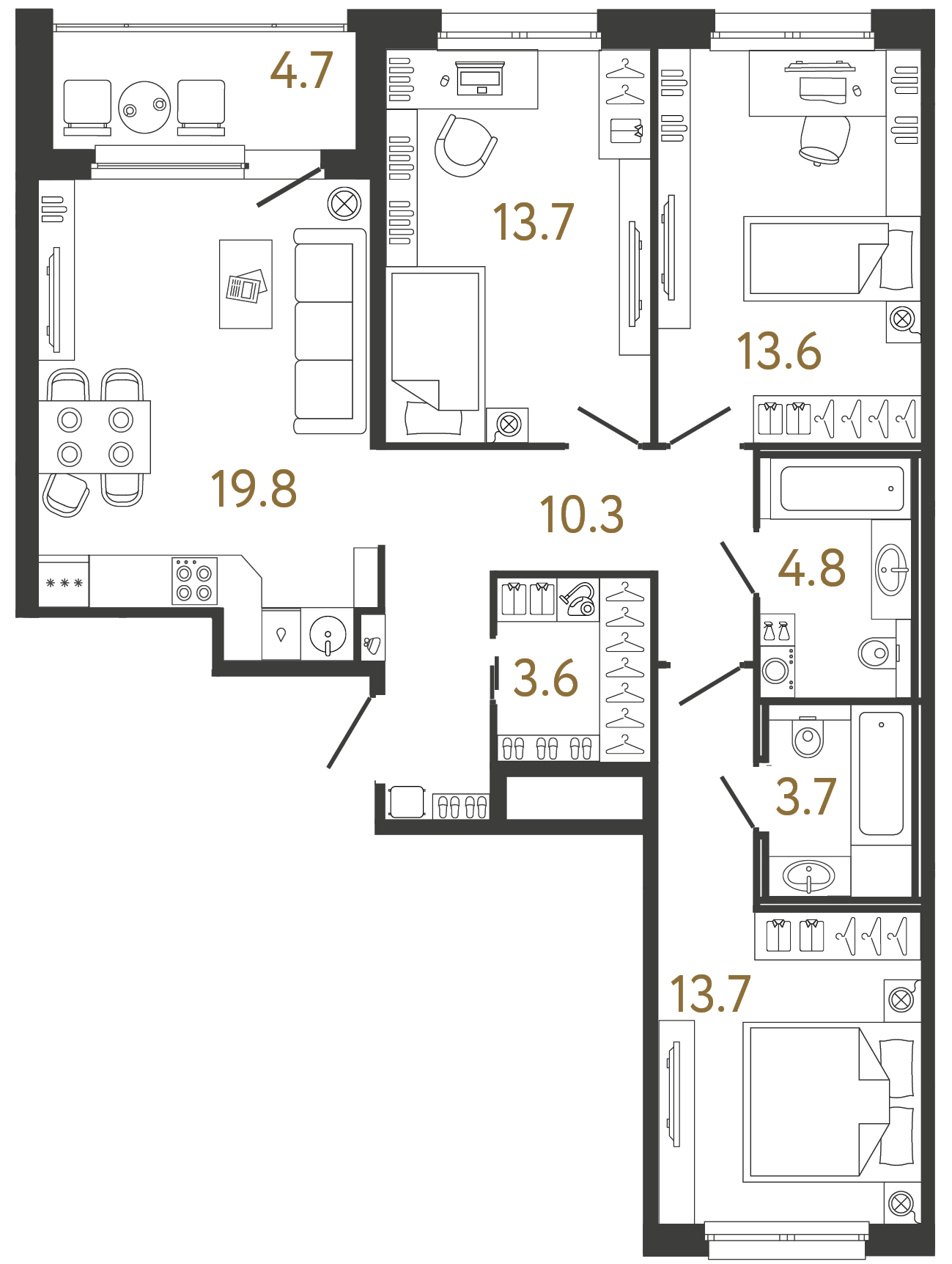 Трёхкомнатная квартира 83.2 м²