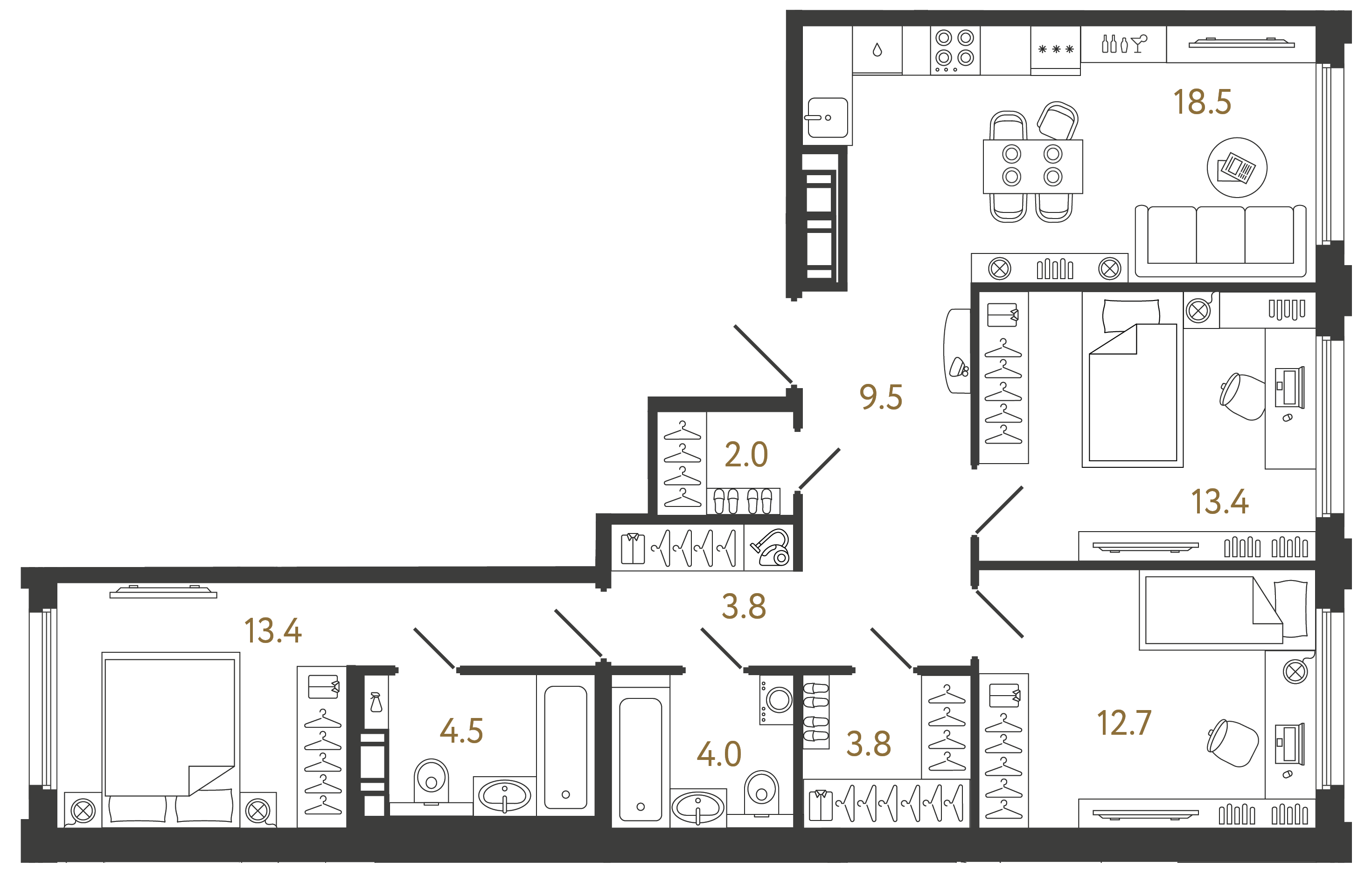Трёхкомнатная квартира 85.6 м²