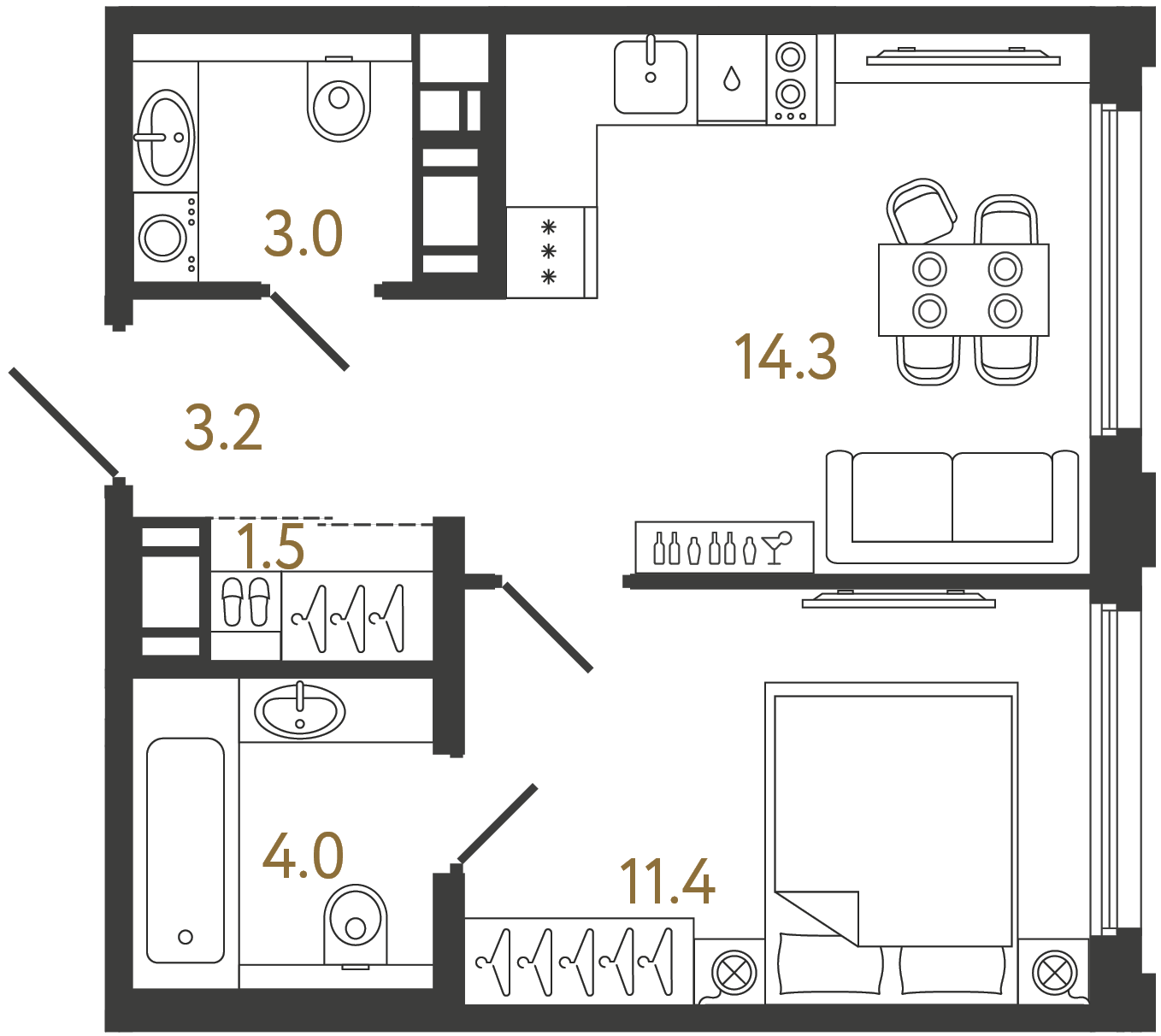 Однокомнатная квартира 37.4 м²