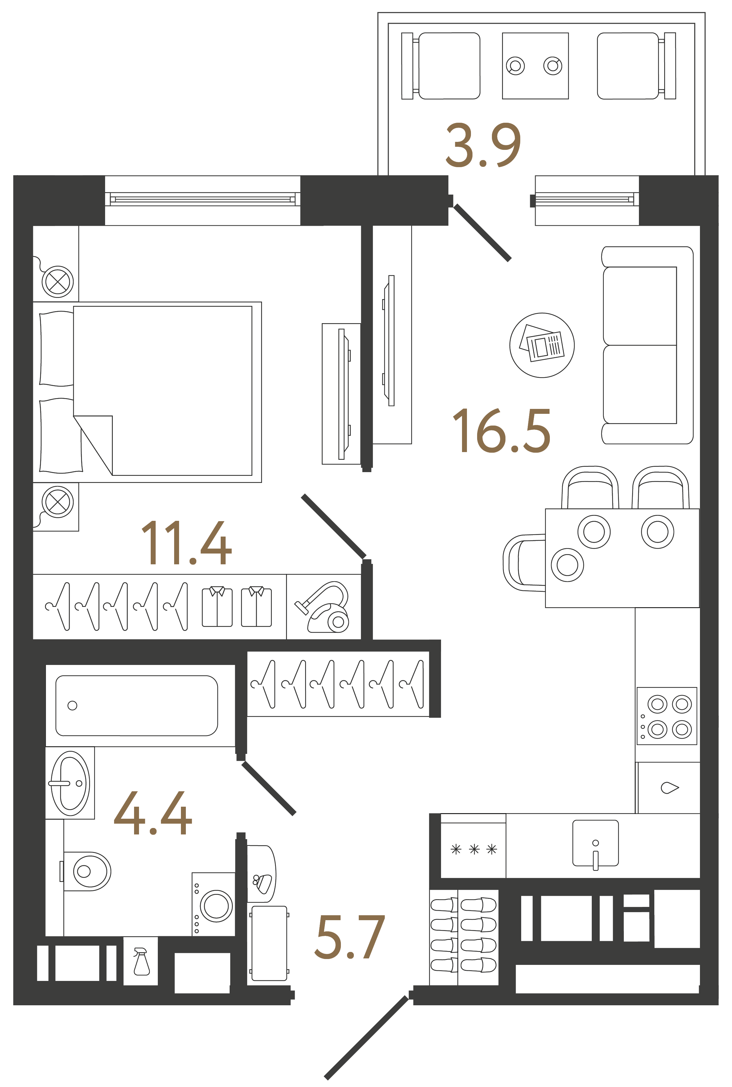 Однокомнатная квартира 38 м²