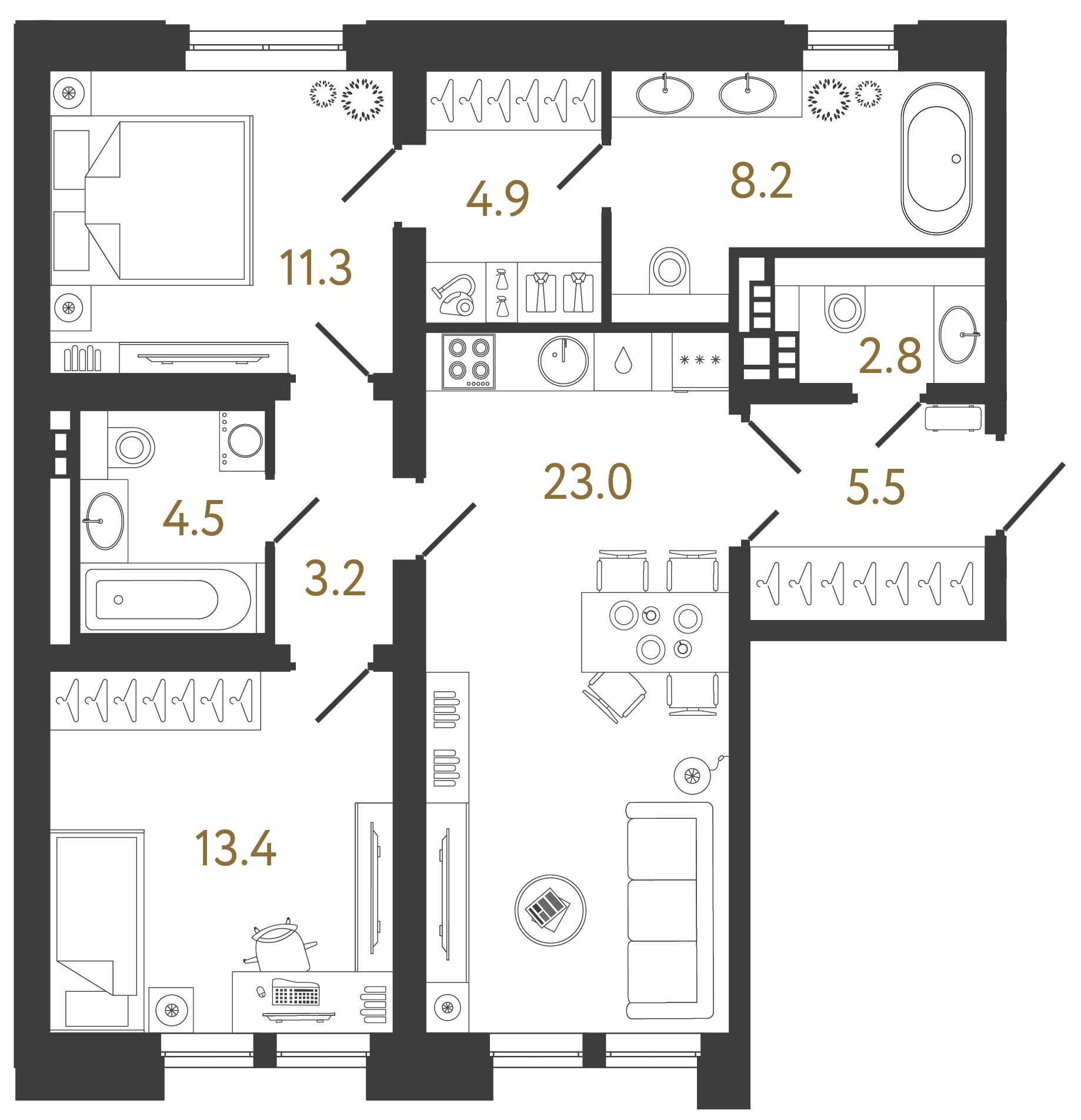 Двухкомнатная квартира 76.8 м²