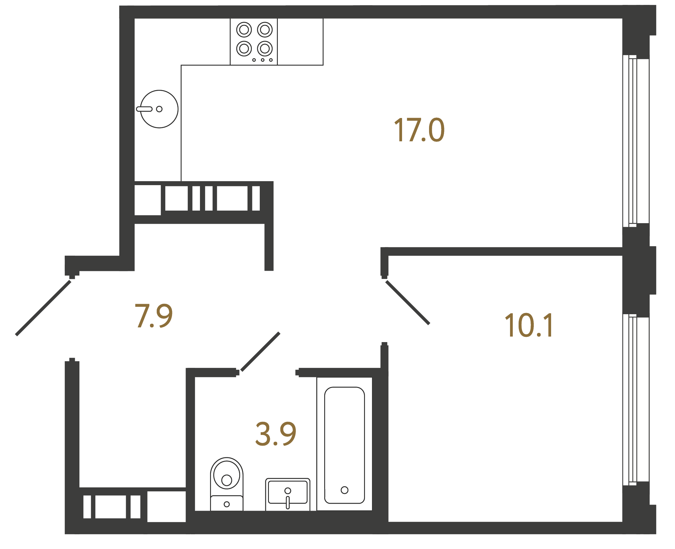 Однокомнатная квартира 38.9 м²