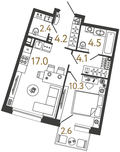 Однокомнатная квартира 42.5 м²