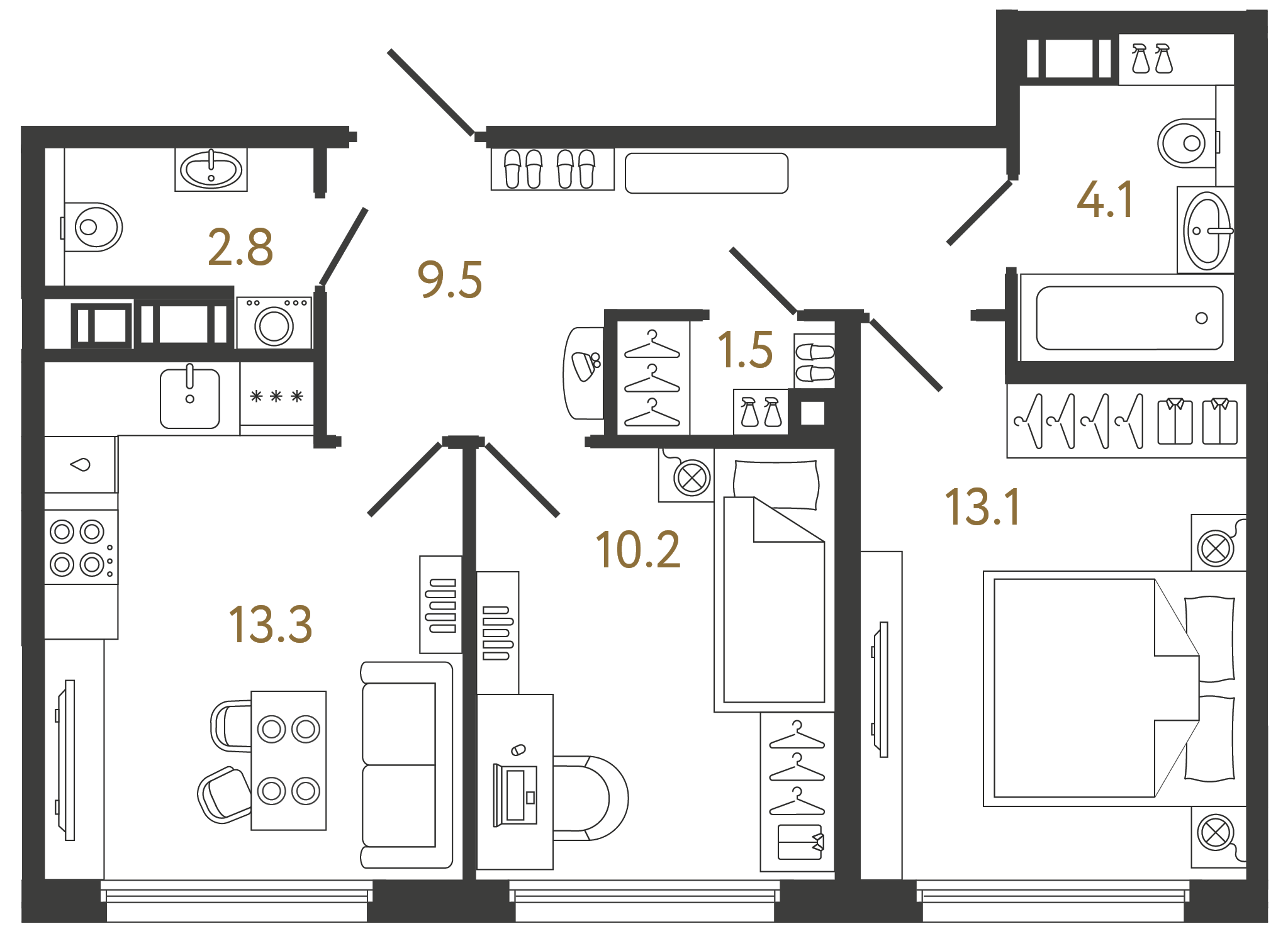 Двухкомнатная квартира 54.5 м²