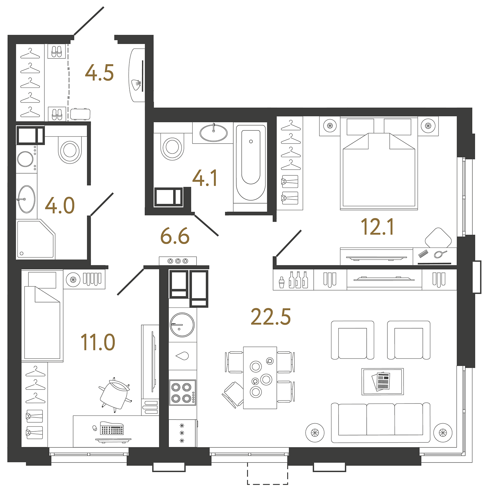 Двухкомнатная квартира 64.8 м²