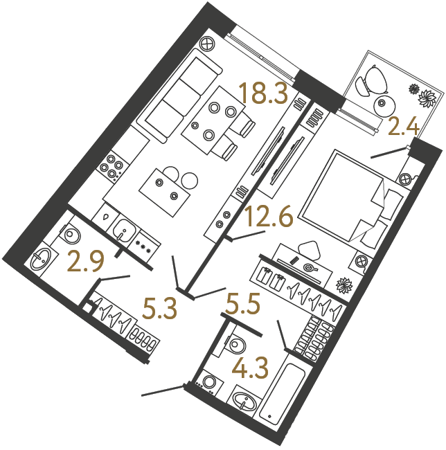 Однокомнатная квартира 48.9 м²