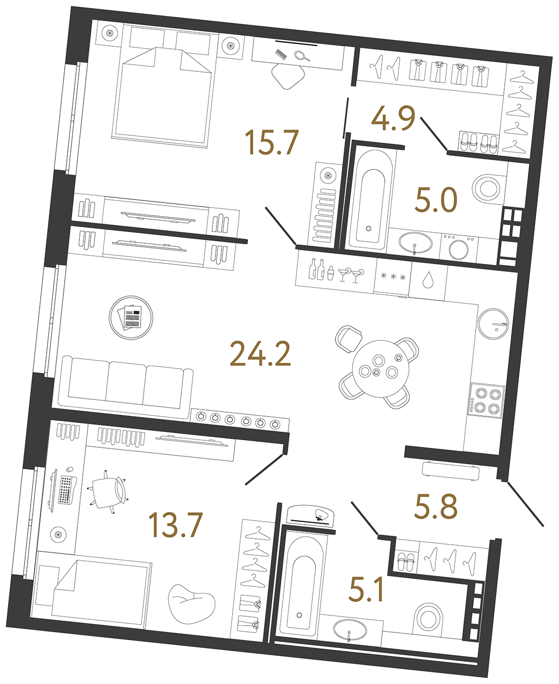 Двухкомнатная квартира 74.4 м²