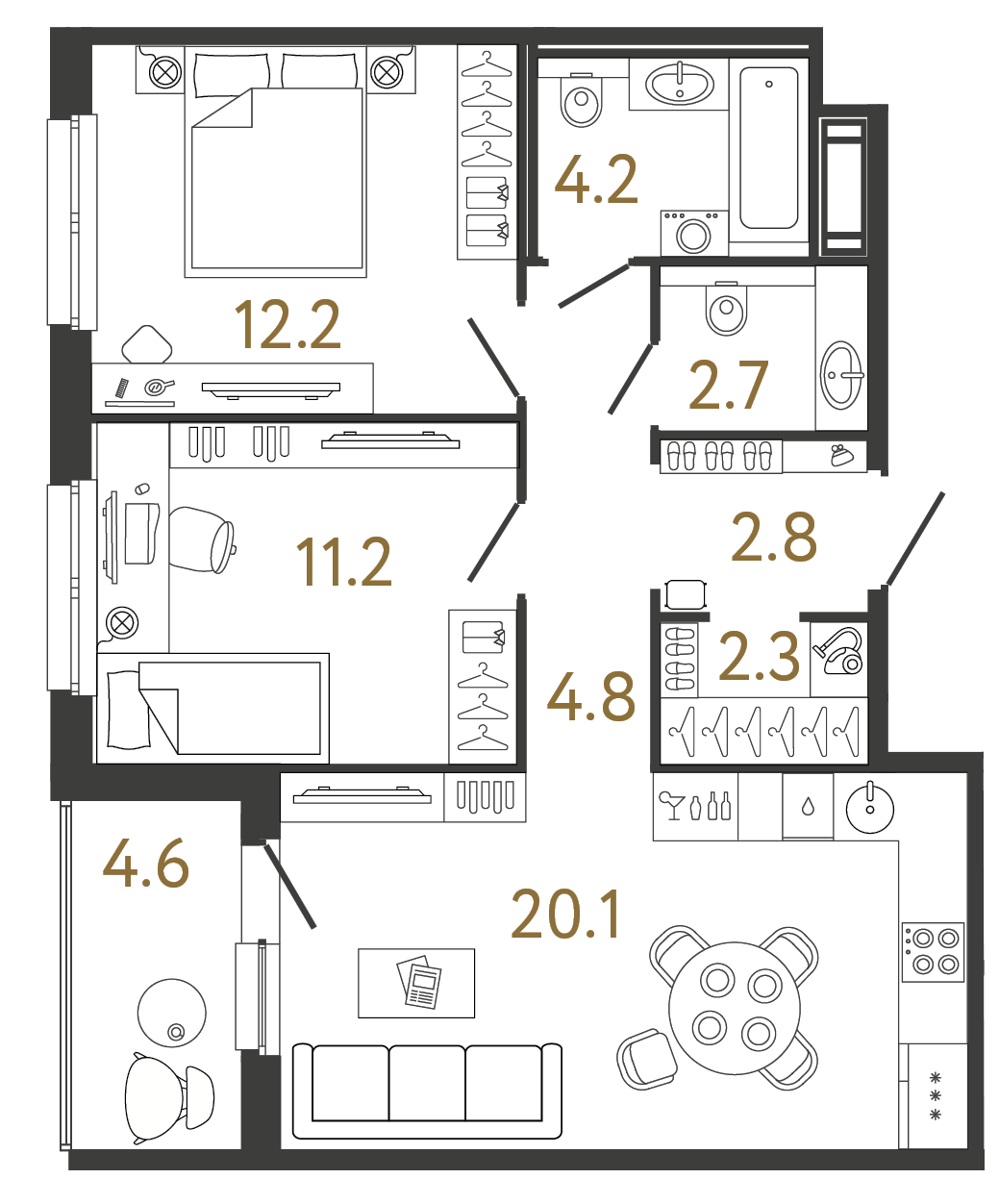 Двухкомнатная квартира 60.3 м²