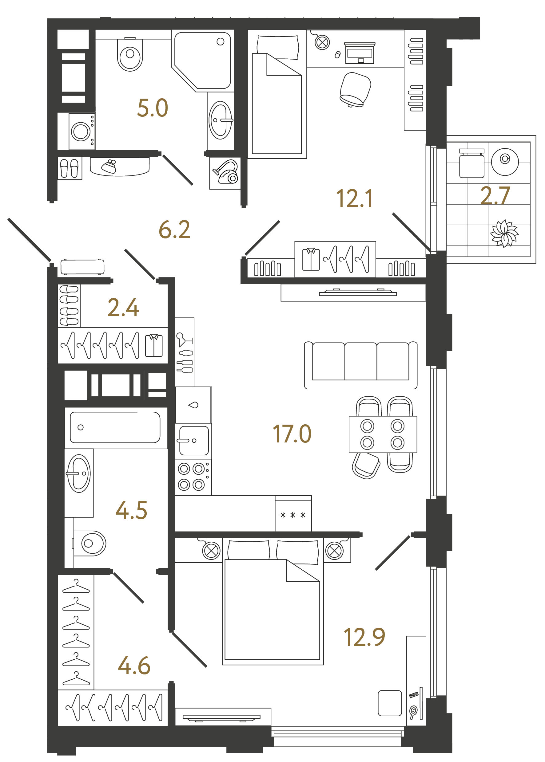 Двухкомнатная квартира 64.7 м²