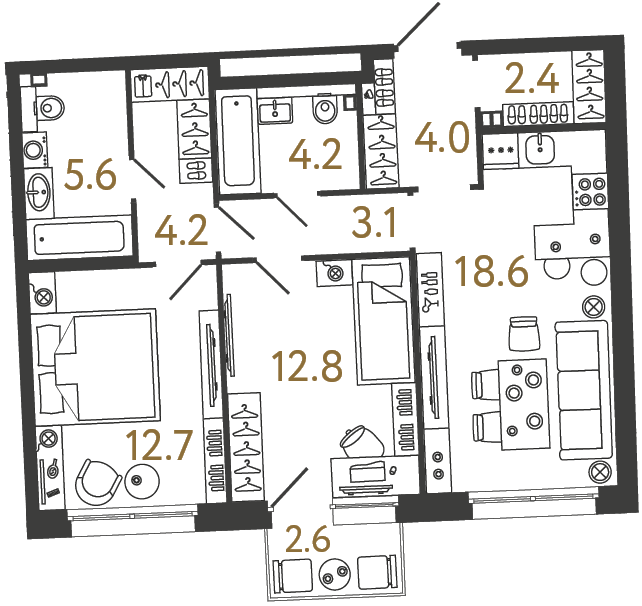 Двухкомнатная квартира 67.6 м²