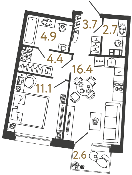 Однокомнатная квартира 43.2 м²